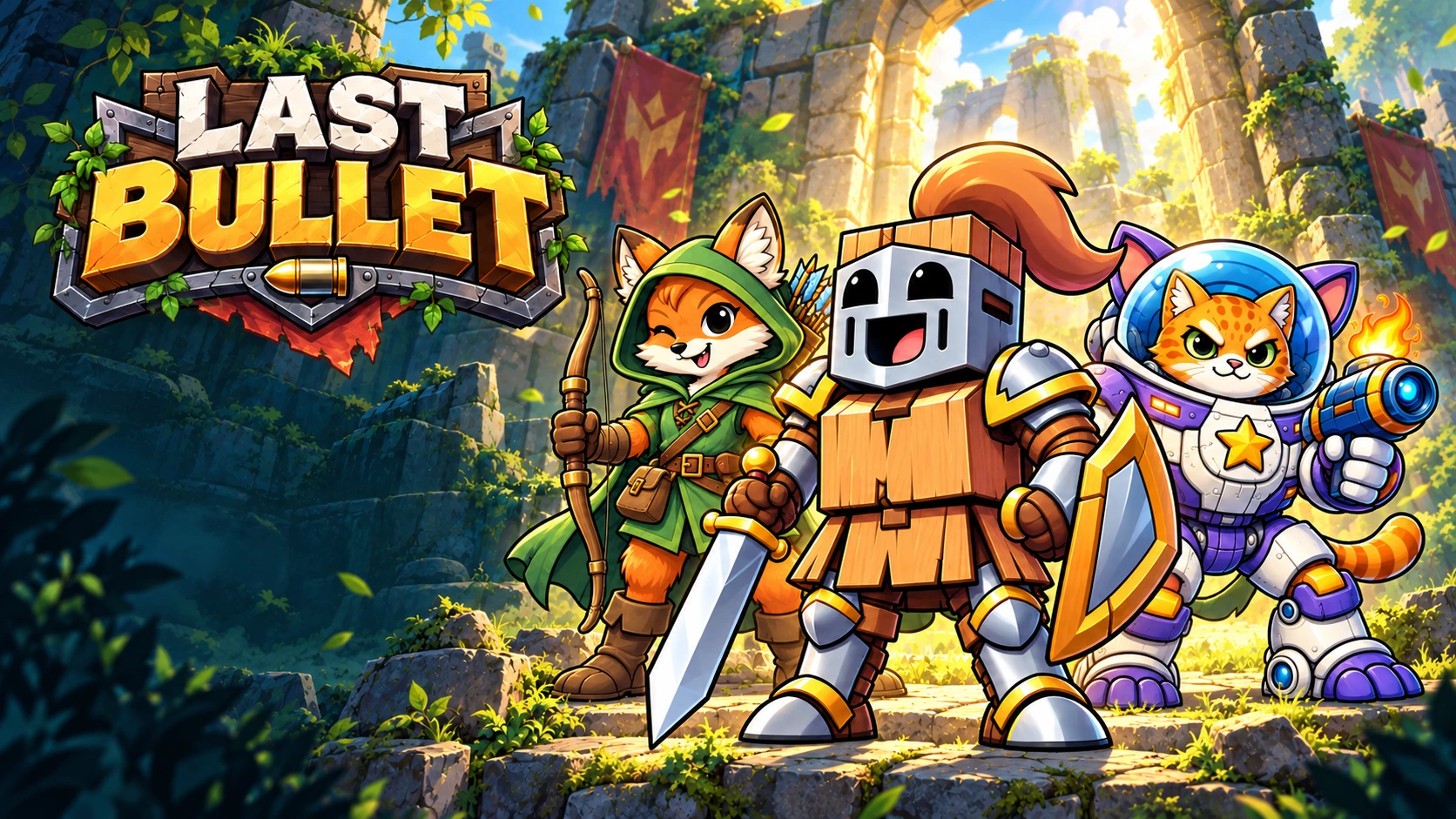 LAST BULLET's Knight, Fox and Space Cat in sunlit ruins